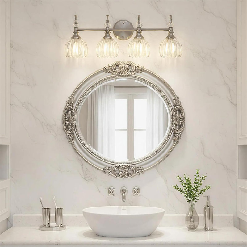 Modern Bathroom Vanity Light Fixture with Tulip Glass Shades, Brushed Nickel, 4 Lights