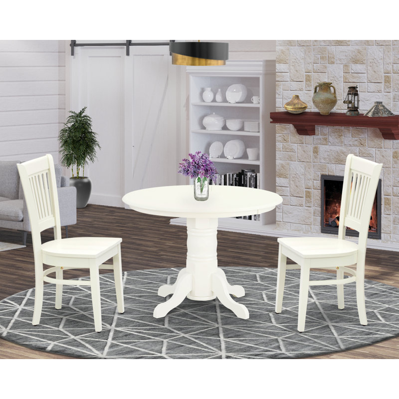 L'ensemble de 3 tables de salle à manger modernes comprend une table de cuisine ronde avec piédestal et 2 chaises de cuisine, lin blanc