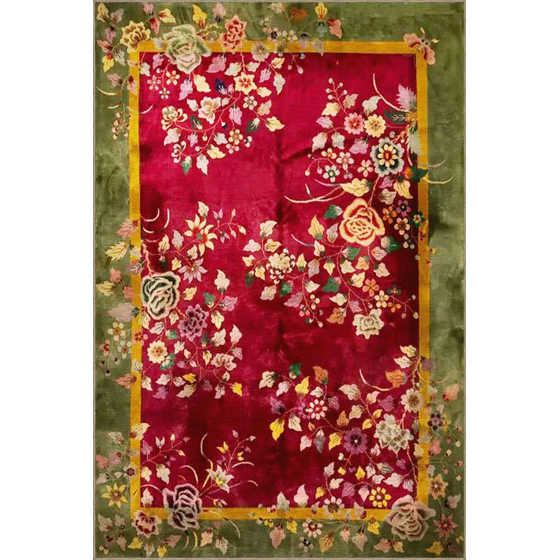 Red Themed Traditional Chinese Design Floral Vintage Decorative Carpet, Rectangle 4' x 5'11"
