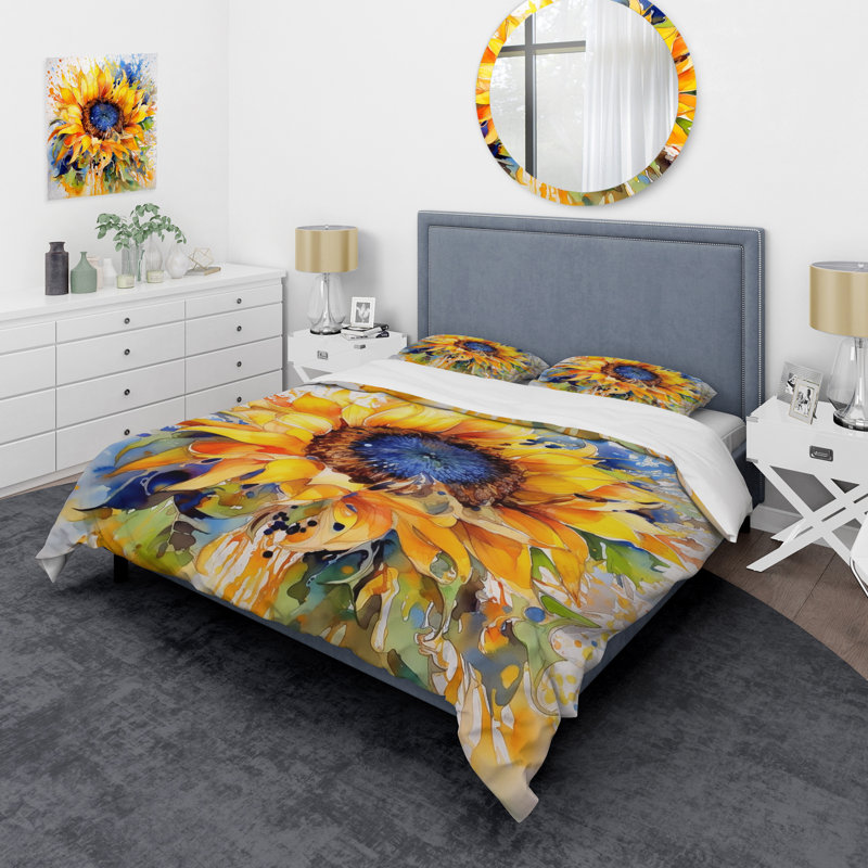 Ensemble de housse de couette jaune et bleu doré, Housse de couette simple et deux taies décorative