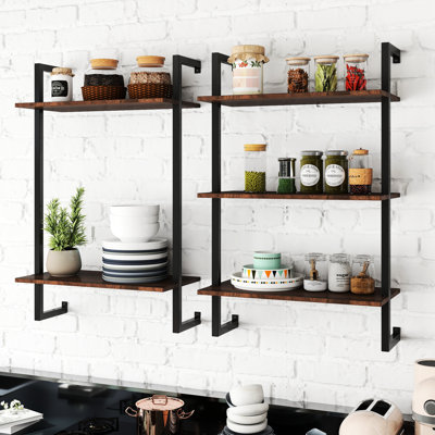 3 niveaux et 2 tablettes en bois flottantes fixées au mur en métal pour les accessoires de salle de bain
