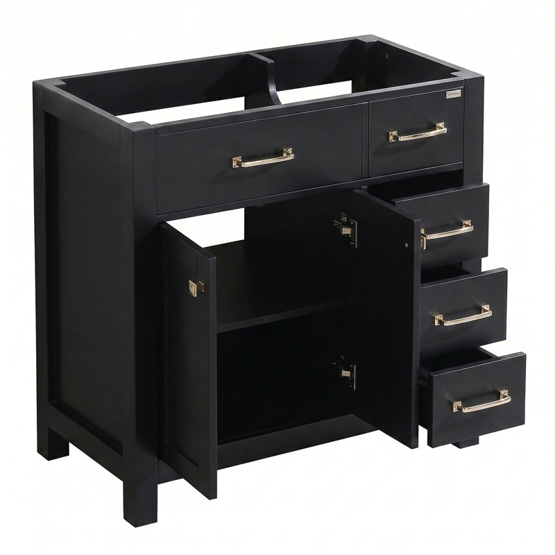 Meuble-lavabo 36 po avec miroir, armoire de rangement en bois massif avec tiroirs et portes, quincaillerie dorée, sans lavabo / robinet