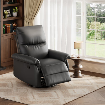 Oversized Swivel Rocker Recliner Chair for Living Room, Modern PU Leather with Deep Seat & Padded Armrests, 360° Glider Single Sofa, Manual Reclining for Bedroom or Nursery - Black