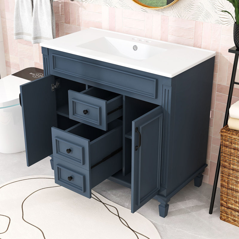 Meuble-lavabo moderne avec lavabo supérieur, armoire de rangement avec portes à fermeture douce et tiroirs, Bleu