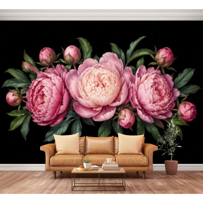 Papier peint adhésif peler et coller rétro, pivoines florales à contact foncé, feuilles, pétales, feuilles, pétales, auto-adhésif, papier contact amovible, décoration murale pour le salon, la chambre à coucher