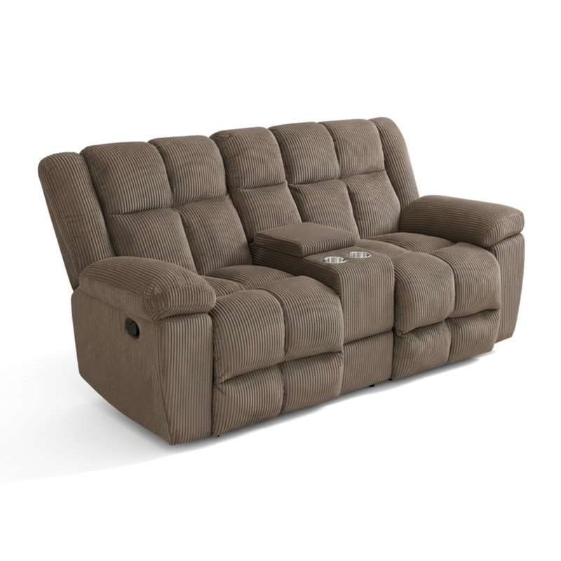 Causeuse inclinable double en tissu brun rayé avec rangement et porte-gobelets, canapé inclinable 2 places pour le salon