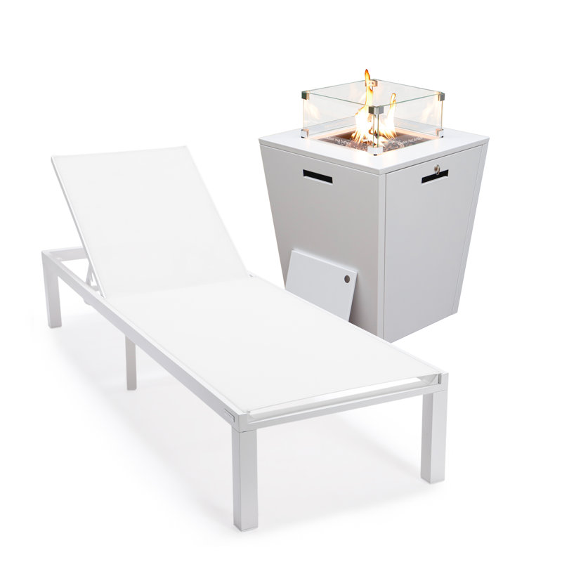Outdoor Rust-Resistant Metal Chaise Lounge Set with Table, White, Gray