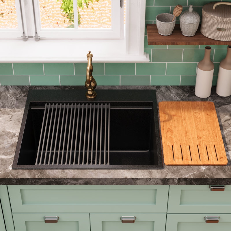 Deervalley 25"×22" Rectangular Drop in Quartz Composite Single Bowl Kitchen Sink with Accessories