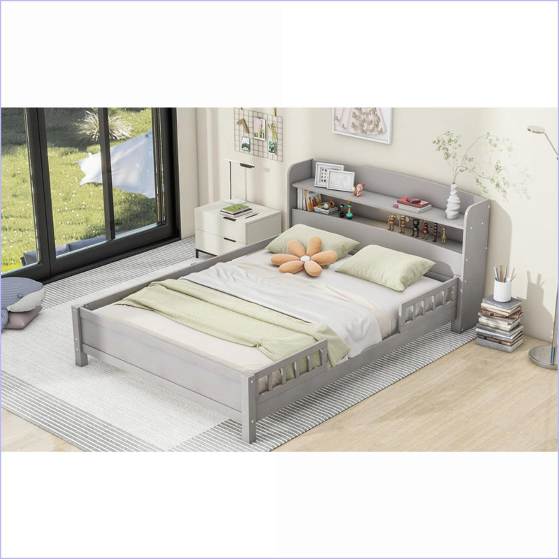 Lit plateforme double en bois de pin avec lumière DEL, tête de lit avec rangement Barrière de sécurité - Gris antique pour la chambre principale