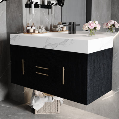 Meuble-lavabo de 39,4 po avec lavabo, lavabo en céramique, armoire en contreplaqué, comptoir à griffes, rangement à fermeture en douceur, idéal pour les salles de bain modernes, tiroirs silencieux et imperméables, taille compacte