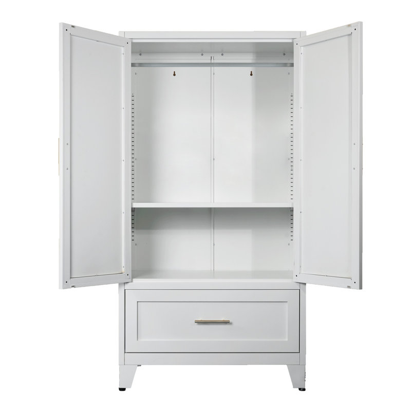 Armoire-penderie rétro avec 1 tiroir et tringle, 2 garde-robes avec tablette, Blanc