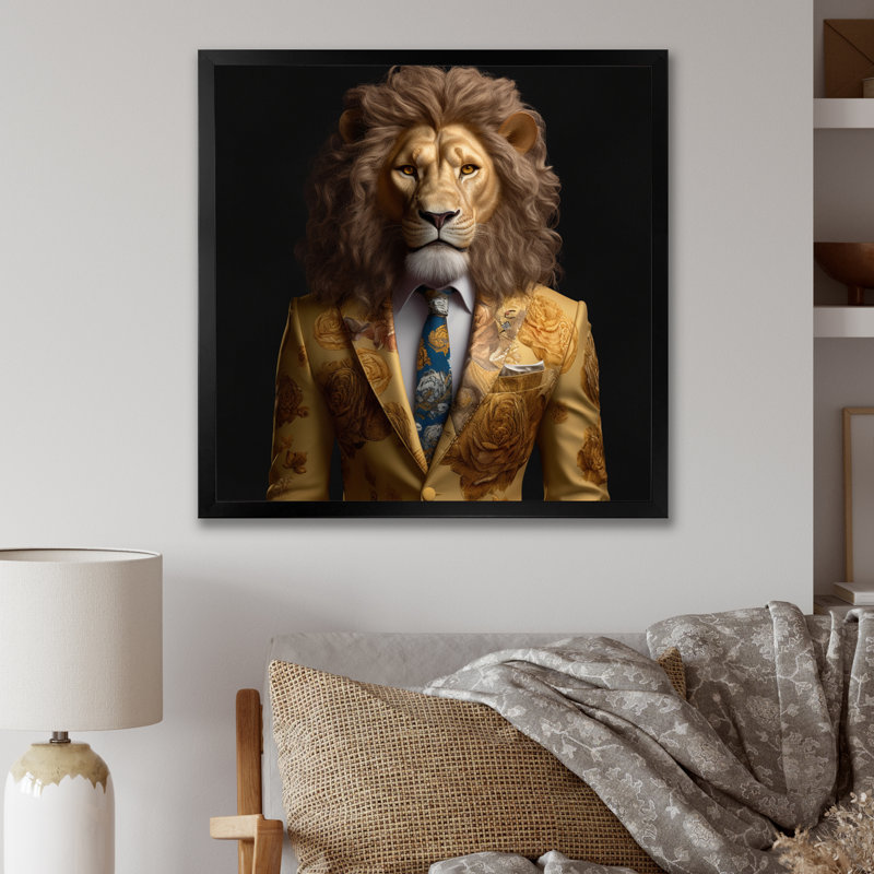 Lion jaune en costume - art mural mode lion, Cadre photo noir, H 30 po x l 30 po x P 1 po