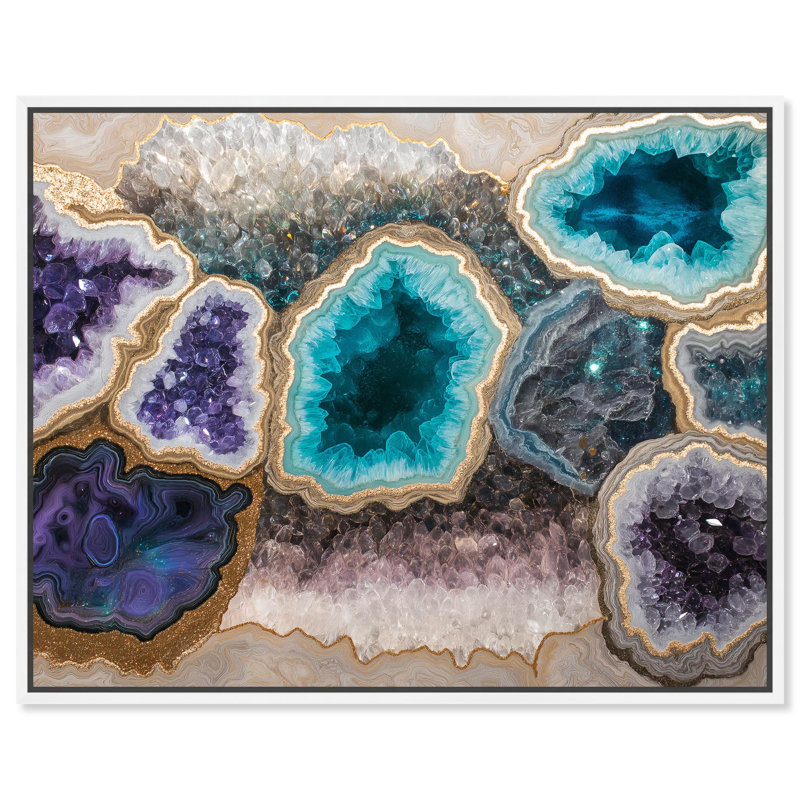 Art géode sur toile minéral multivers , H 25 po x l 25 po, Cadre flottant blanc