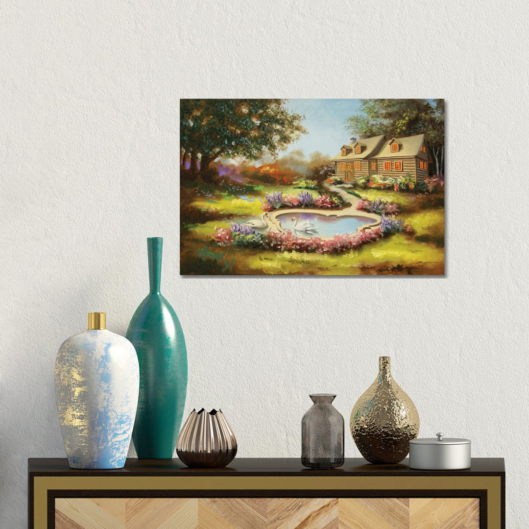 Two Swans And Cabin In Spring von D. "Rusty" Rust - No Frame Gallery-Wrapped Canvas Giclée on Canvas