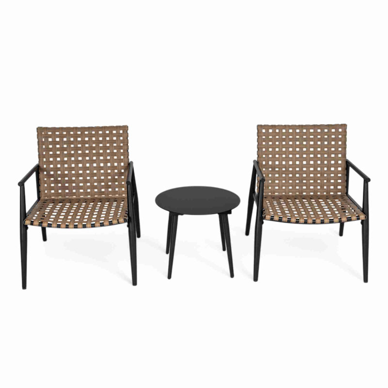 Ensemble de conversation moderne pour l'extérieur: 2 chaises en rotin PE + table d'appoint en acier noir et verre trempé - Durable et élégant