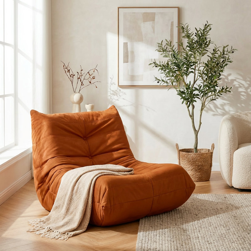 Luxury Accent Chair with Button-Tufted Detail in Microfiber, Orange Microfiber/Microsuede