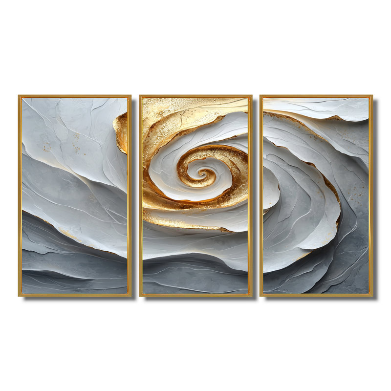 Ensemble de salon art mural blanc et or Dance of Joy I - Abstract Spirals, Toile avec cadre flottant noir