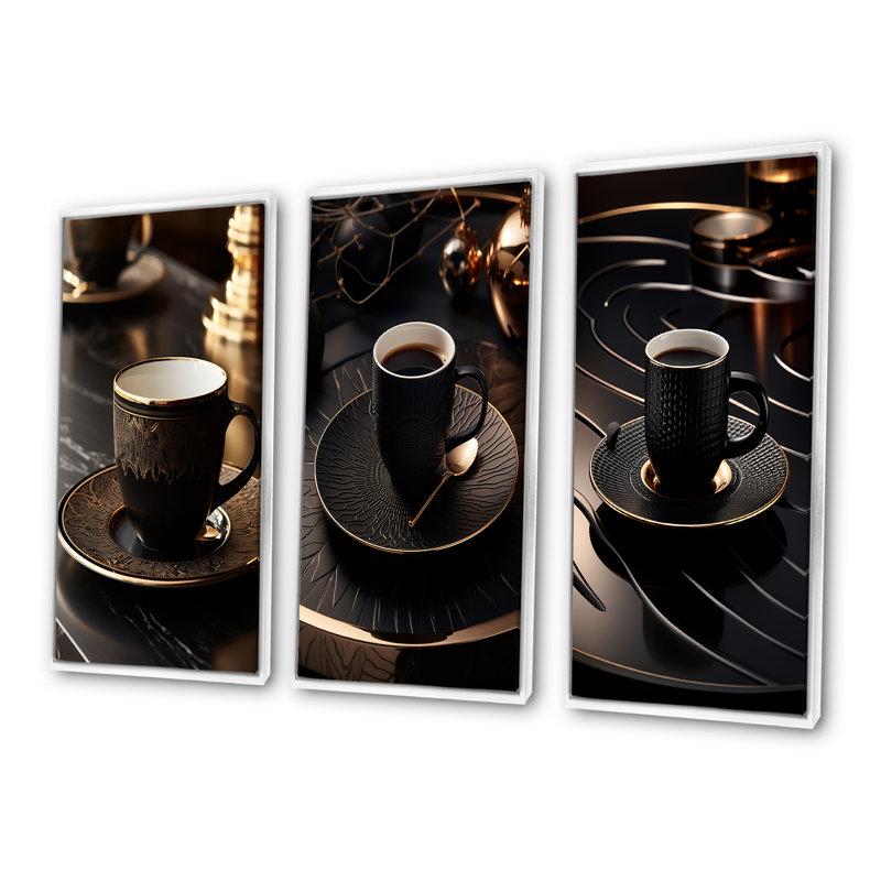 «Black Coffee Espresso Eclipses», ensemble de 4 reproductions d'art sur toile, H 40 po x l 60 po, Cadre flottant blanc