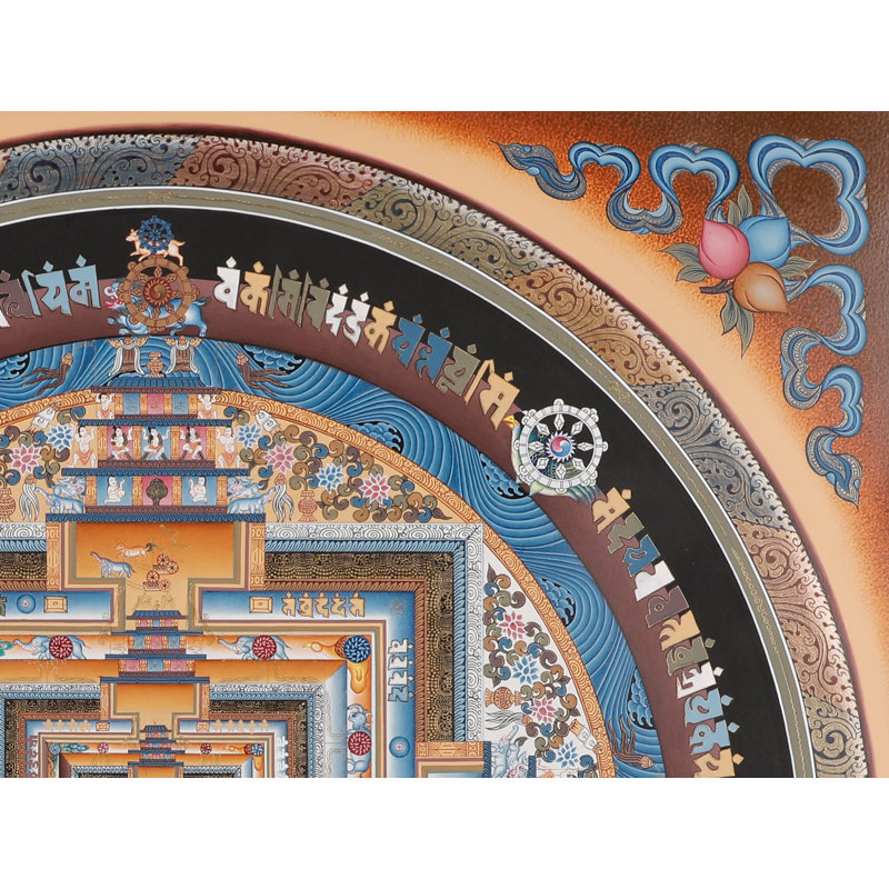 «Wheel of Time» tibétain, Kalachakra Mandala Thangka - art mural carré de 28 po avec détails en or 24 carats et pigments de couleur joyau