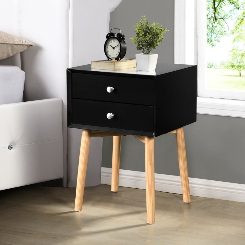 Mid-Century Modern Bedside Table With 2 Drawers And Resilient Rubber Wood Legs, Gray Tinge 2 Side Design For Bedroom Living Space