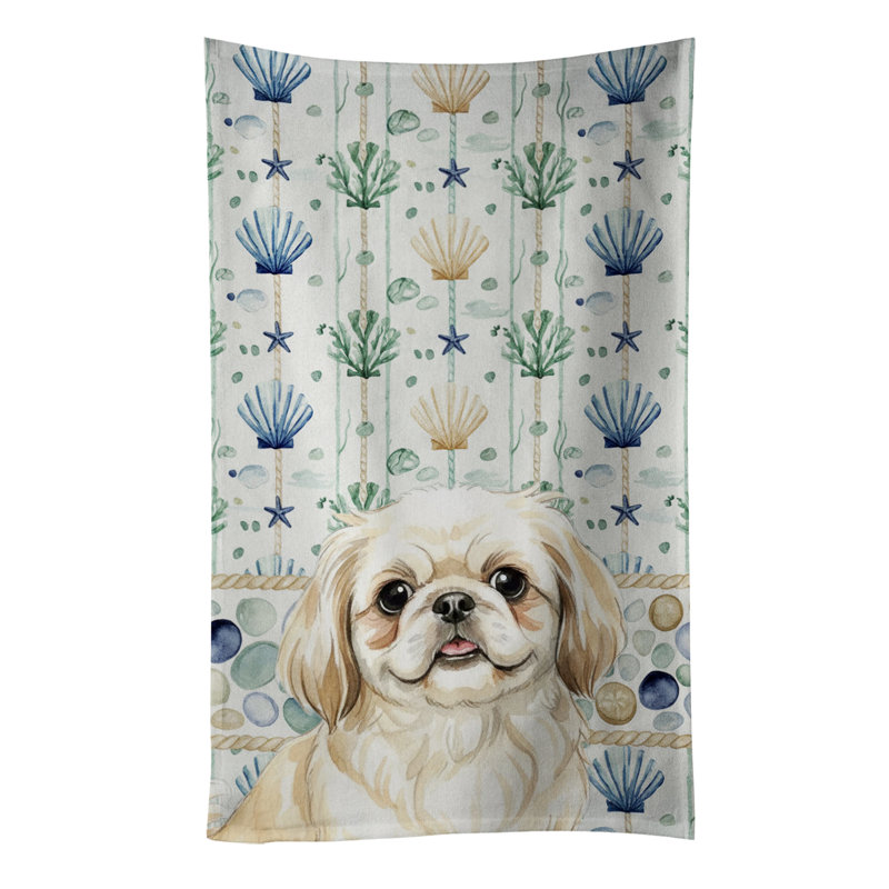 Cream Pekingese Coastal Sea Glass Kitchen Towel, Cream Pekingese