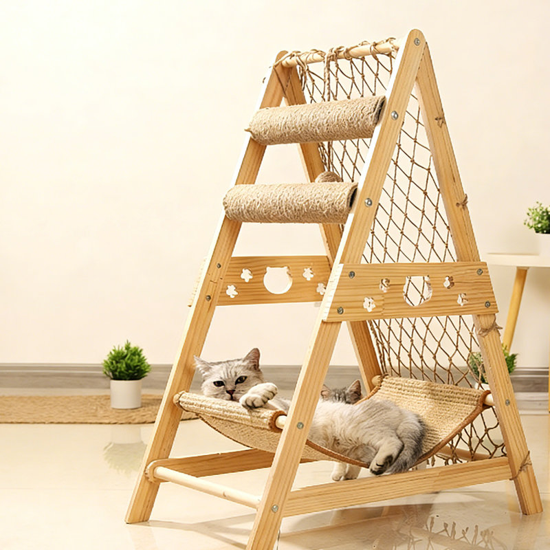 Structure d'escalade pour chat avec poteaux à griffer et hamac suspendu pour chat, base triangulaire stable