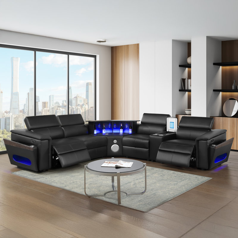 Canapé modulaire inclinable électrique Smart Lounge avec console de réfrigérateur intégrée, porte-gobelets, recharge USB et sans fil