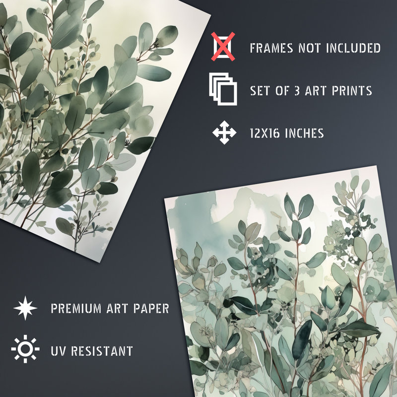 Botanical Plants Sage Green Eucalyptus Leaves - 3 Piece No Frame Print Set, 40.5cm H x 30.5cm W x 0.3cm D