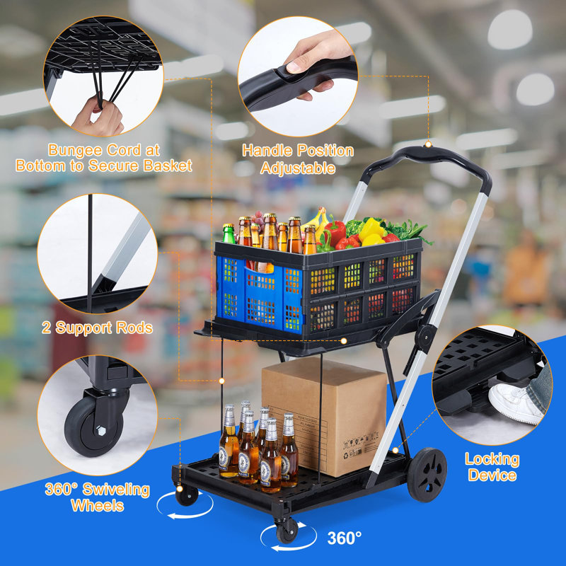 Shopping Cart, Foldable Grocery Cart with Wheels and Removable Storage Crate, Multi Use Mobile Storage Cart Portable Rolling Cart for Home, Groceries, Supermarket