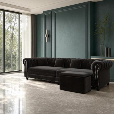 Tufted Velvet Sleeper Sofa with Movable Ottoman