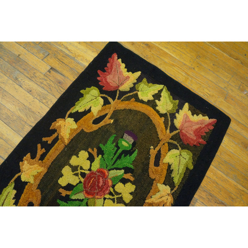 Antique American Hooked Floral Medallion Wool Brown Earth Tone 1930s Rug