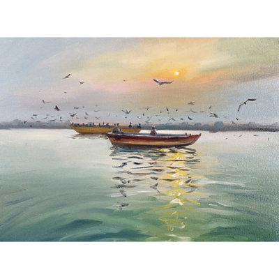 Two Boats Sunset View | Oil Painting On Canvas With Frame | Kulwinder Singh