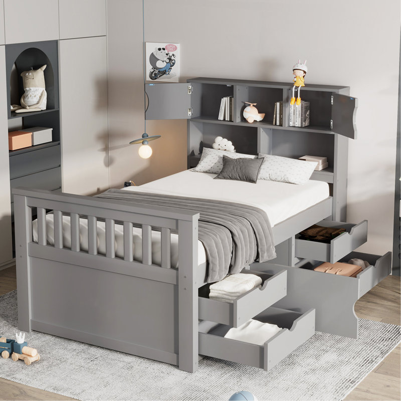 Structure de lit plateforme simple avec bibliothèques et tablettes de rangement, quatre tiroirs, gris