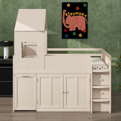 Lit mezzanine simple adapté aux enfants et aux adolescents, avec bureau et armoire, structure de maison en bois avec toit, tiroirs et rangement