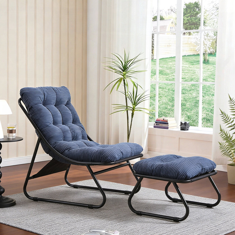Patio Outdoor Lounge Chair With Ottoman, Comfy Sling Recliner Chair With Puffy Cushion & Foot Stool For Living Room Bedroom Reading Room