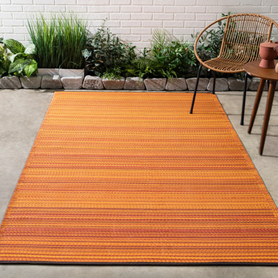 Stripe Bohemian Colourful Outdoor Rug - Waterproof, Crease-Free Fade Resistant, Reversible - Recycled Plastic - Patio Porch Balcony Deck Yard Garden - Cancun Terracotta