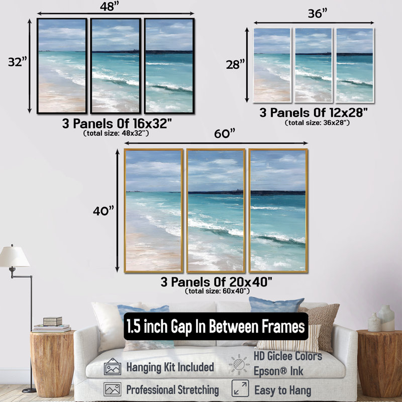 «Blue and White Coastal Beach Wonder», ensemble d'art mural plage, 28" H x 36" W, Reproduction avec cadre flottant, Doré