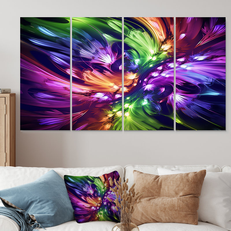 Mauve et vert fractal Fusion IV - ensemble d'art mural abstrait 4 pièces, H 32 po x l 64 po