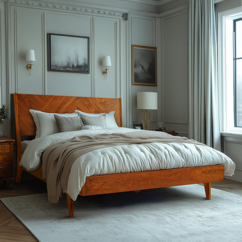 Juliahna Solid Wood Bed Frame with Artistic Patterned Headboard, King, Walnut
