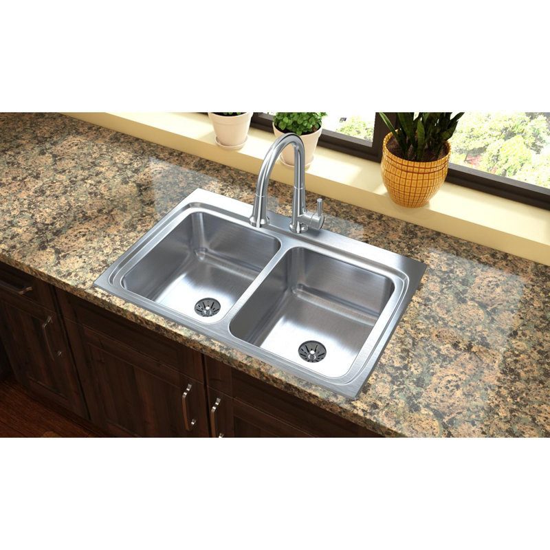 Lustertone 33" L x 22" W Double Basin Drop-In Kitchen Sink with Drain Assembly and Basket Strainer, 0 hole