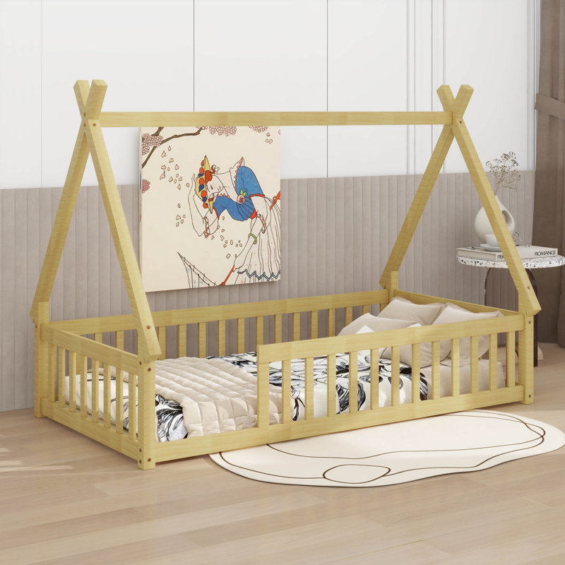 Lit simple en bois en forme de tente avec garde-corps, Naturel