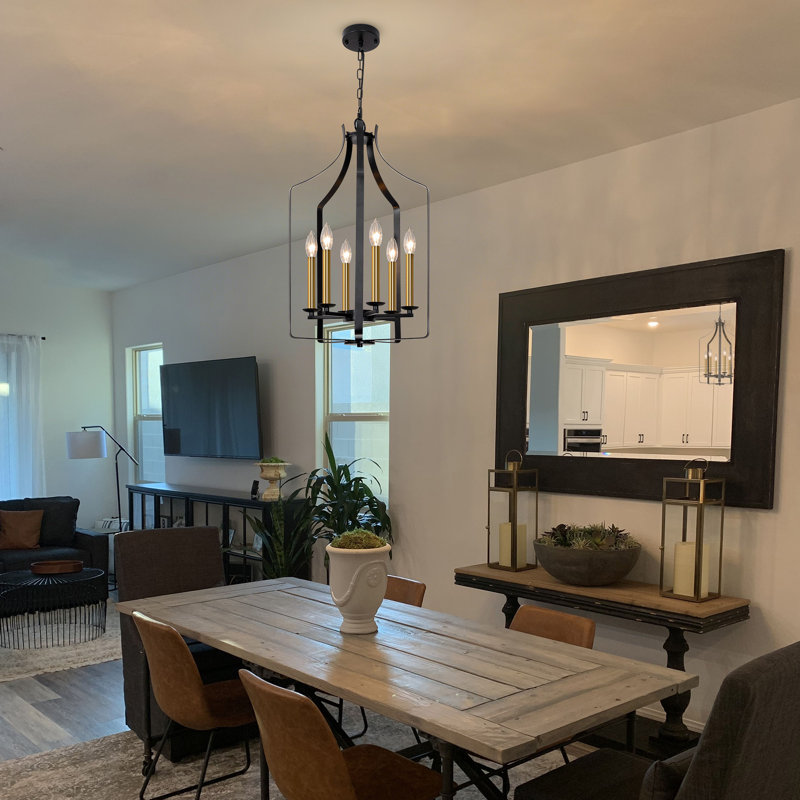 Mid-Century 6-Light Dimmable Cage Pendant Light, Matte Black/Gold