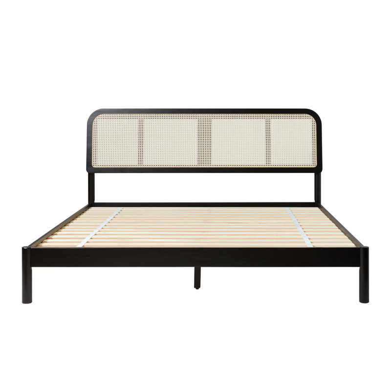 Boho Curved Rattan Headboard King Bed, Black