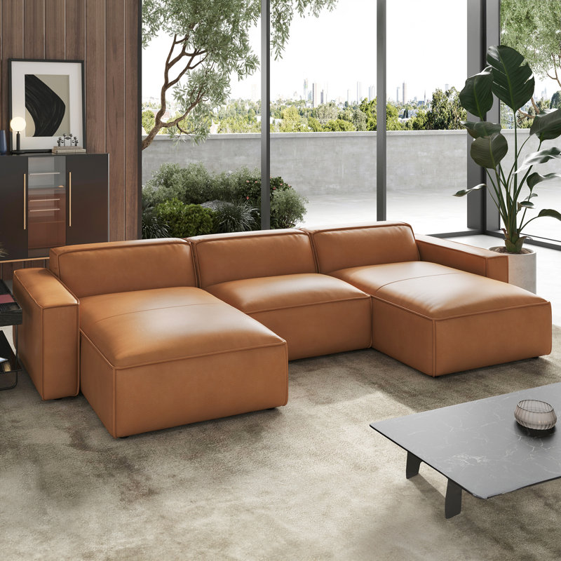 Canapé modulaire en cuir Valencia Analline Valencia, Cuir brun, H 28 po x l 124 po x P 66 po