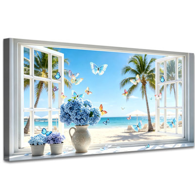 «Coastal Hydrangea», art mural sur toile de plage 2: 1 avec papillons bleus, décor de bord de mer tropical pour chambre à coucher, salon, salle de bain 16 x 32 po