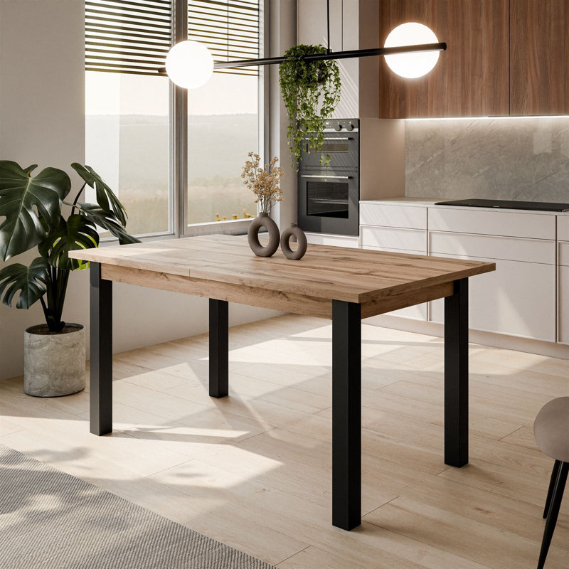 Extendable Metal Base Dining Table, Wotan Oak, Black