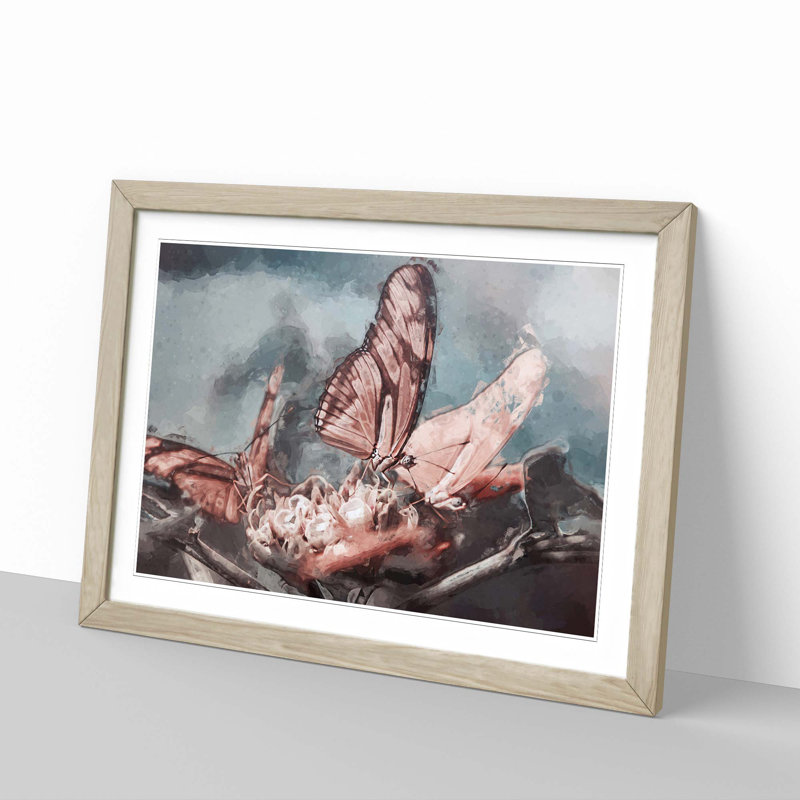 Pink Butterflies in Abstract - Framed Print, 40cm H x 60cm W x 2cm D, Oak