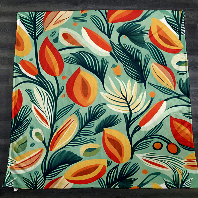 Throw Blanket, 51" W x 60" L, Floral/Abstract, Orange/Green