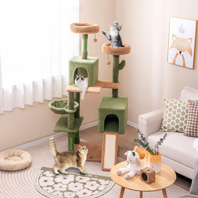 160 cm Tall Modern Cat Tree Green Cactus Cat Tower w/Hammock