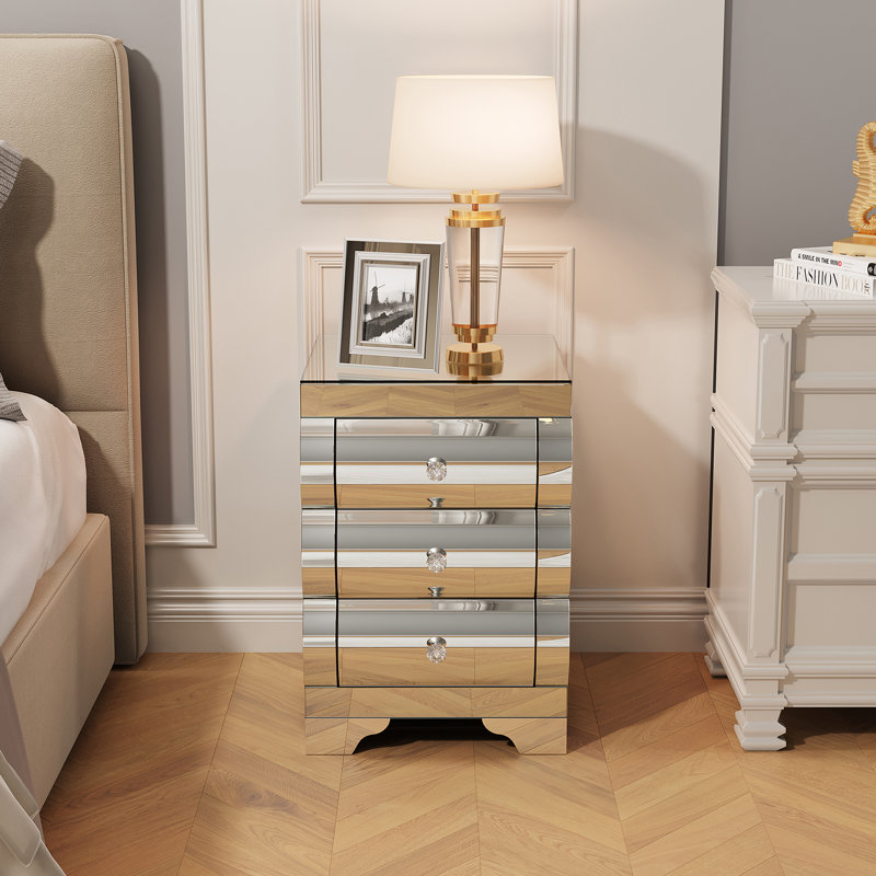 Baked Curved Mirror Nightstand With 3 Drawer Glass Bedside Table Chest Of Drawers For Bedroom Small Spaces End Table For Living Room Fashion Bedroom Furniture Silver